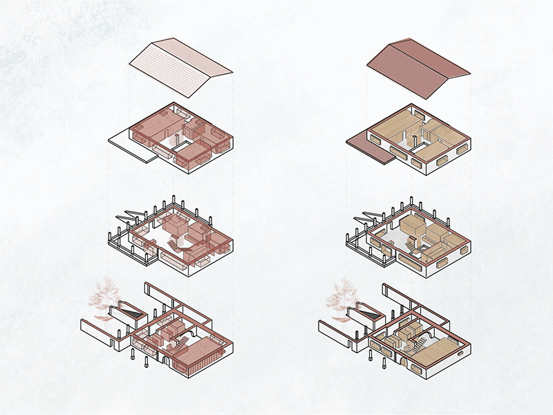 Rehabilitació d'una casa rural familiar. Adequació a tres generacions de la mateixa família, a partir de mòduls funcionals.