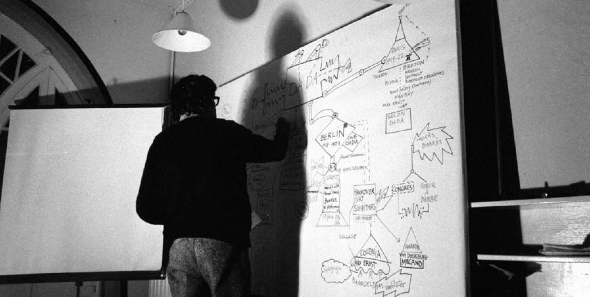 Albert Ràfols drawing a diagram on the Dadaist movement